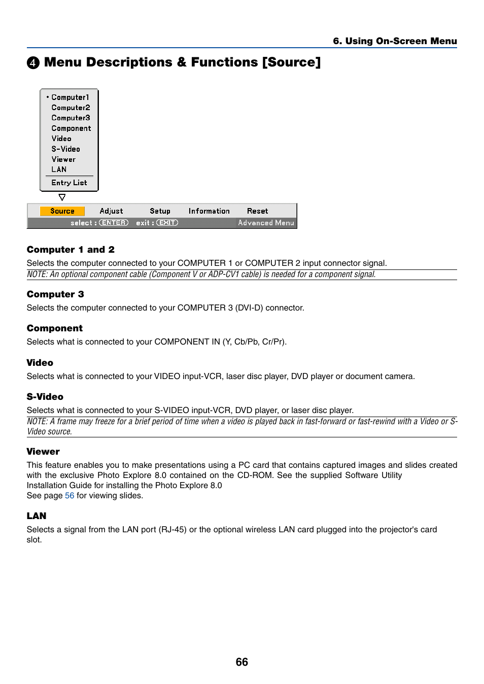 4) menu descriptions & functions [source, Computer 1 and 2, Computer 3 (lt380 only) | Component, Video, S-video, Viewer, Menu descriptions & functions [source | Dukane 8774 User Manual | Page 76 / 130