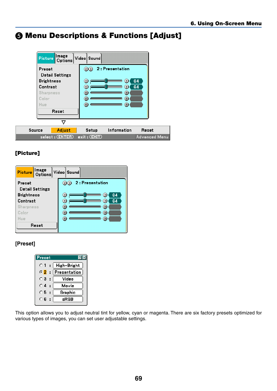 5) menu descriptions & functions [adjust, Picture, Preset | Menu descriptions & functions [adjust | Dukane 8774 User Manual | Page 79 / 130