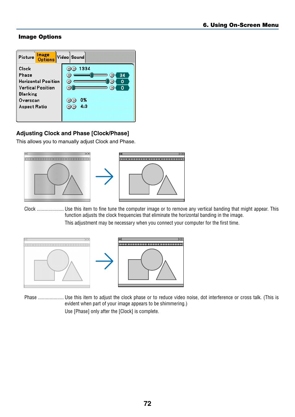 Image options, Adjusting clock and phase [clock/phase | Dukane 8774 User Manual | Page 82 / 130