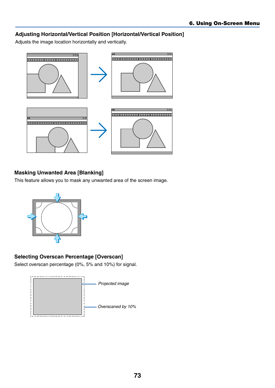 Masking unwanted area [blanking, Selecting overscan percentage [overscan | Dukane 8774 User Manual | Page 83 / 130