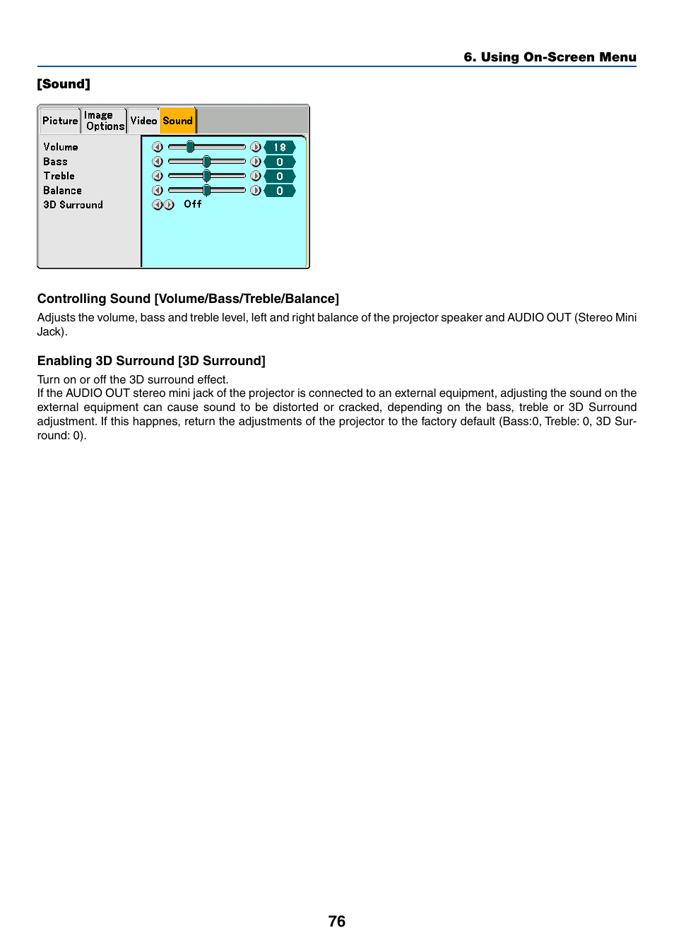 Sound, Controlling sound [volume/bass/treble/balance, Enabling 3d surround [3d surround | Dukane 8774 User Manual | Page 86 / 130