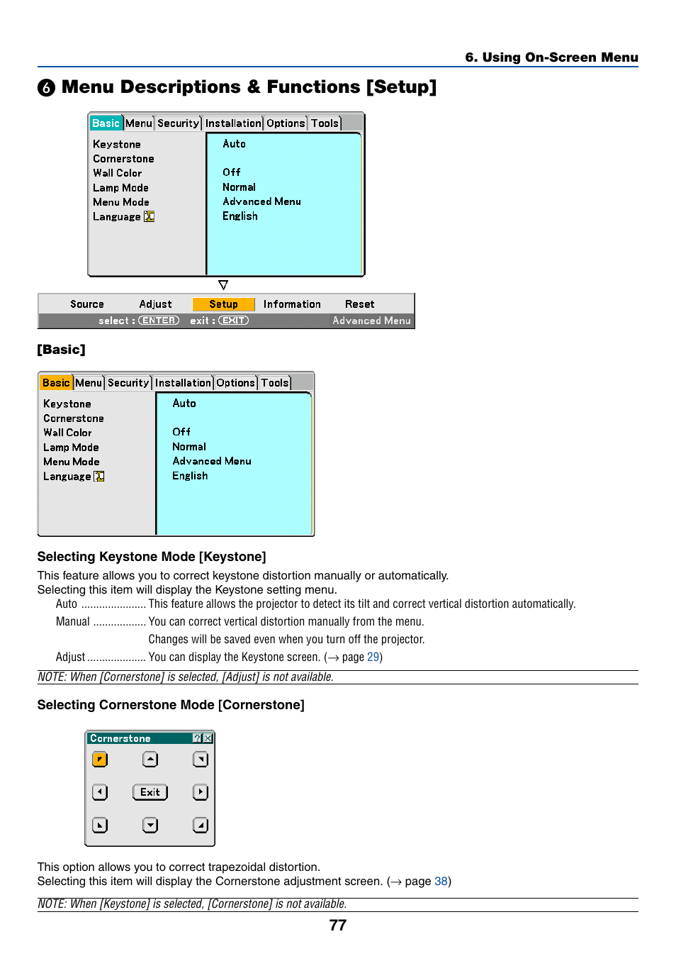 6) menu descriptions & functions [setup, Basic, Selecting keystone mode [keystone | Selecting cornerstone mode [cornerstone, Menu descriptions & functions [setup | Dukane 8774 User Manual | Page 87 / 130