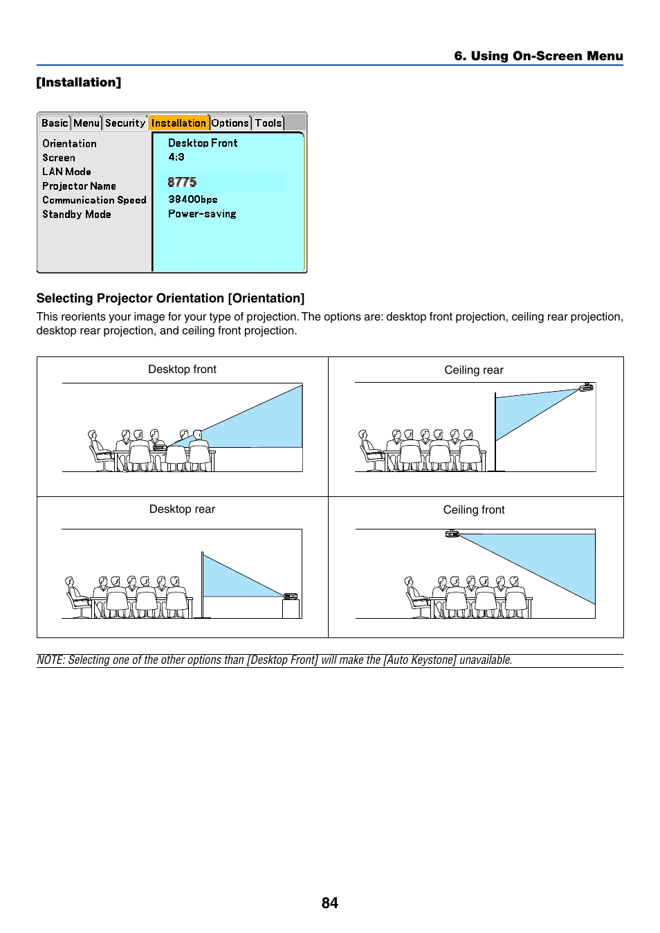 Installation, Selecting projector orientation [orientation | Dukane 8774 User Manual | Page 94 / 130