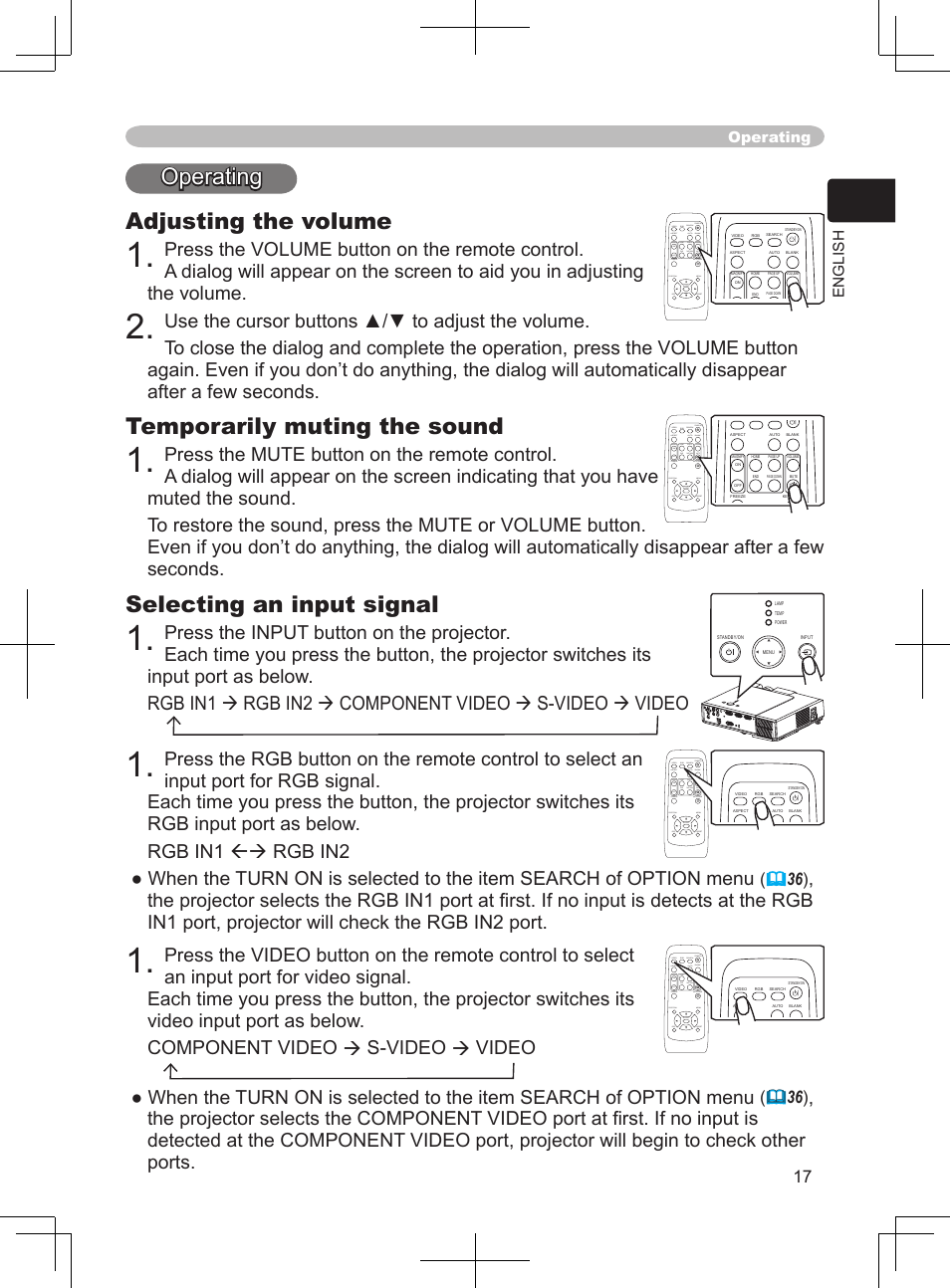 Operating, Adjusting the volume, Temporarily muting the sound | Selecting an input signal, Operating adjusting the volume, English operating | Dukane 8063 User Manual | Page 29 / 78