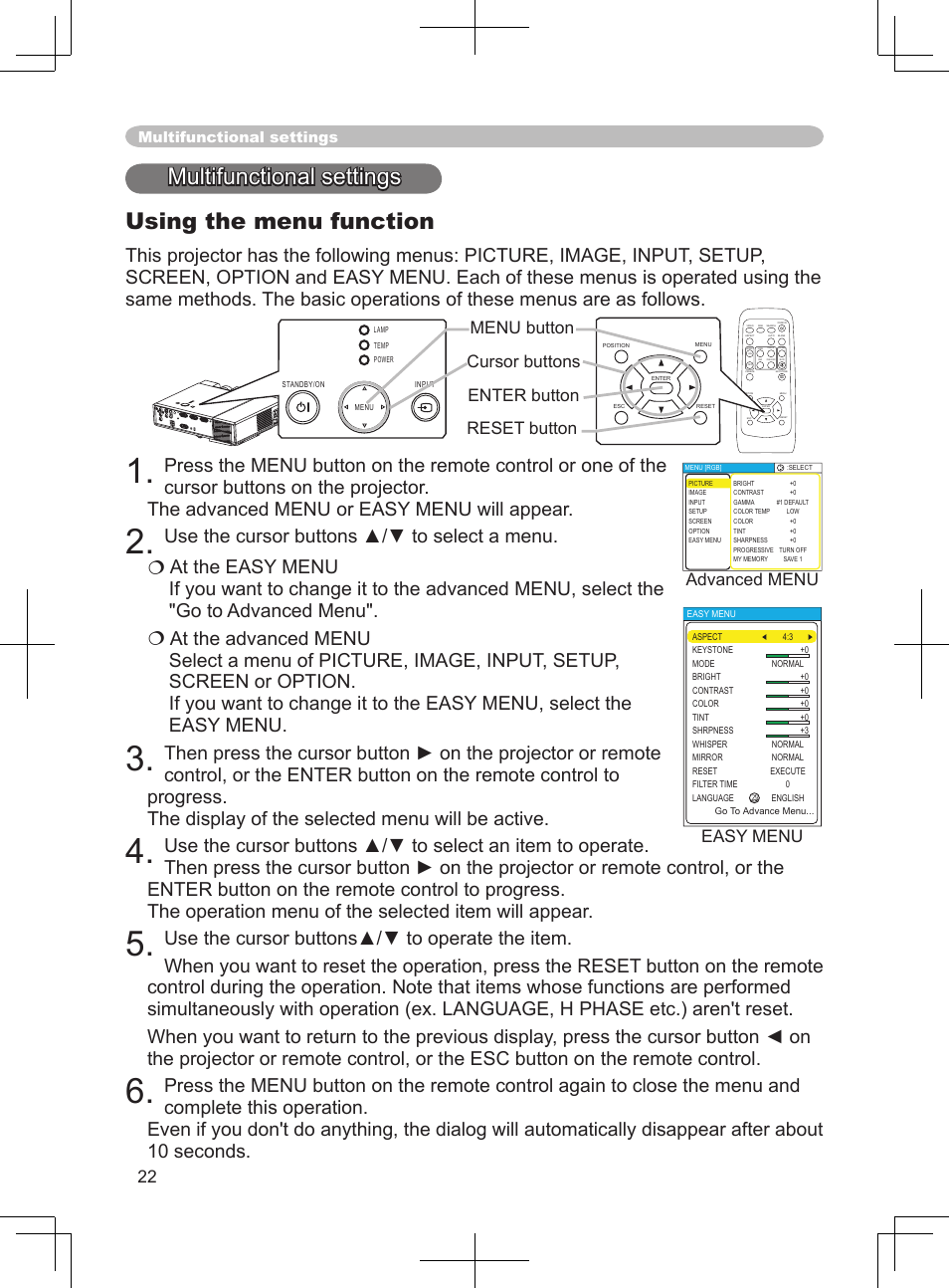 Multifunctional settings, Using the menu function, Multifunctional settings using the menu function | Advanced menu, Easy menu | Dukane 8063 User Manual | Page 34 / 78