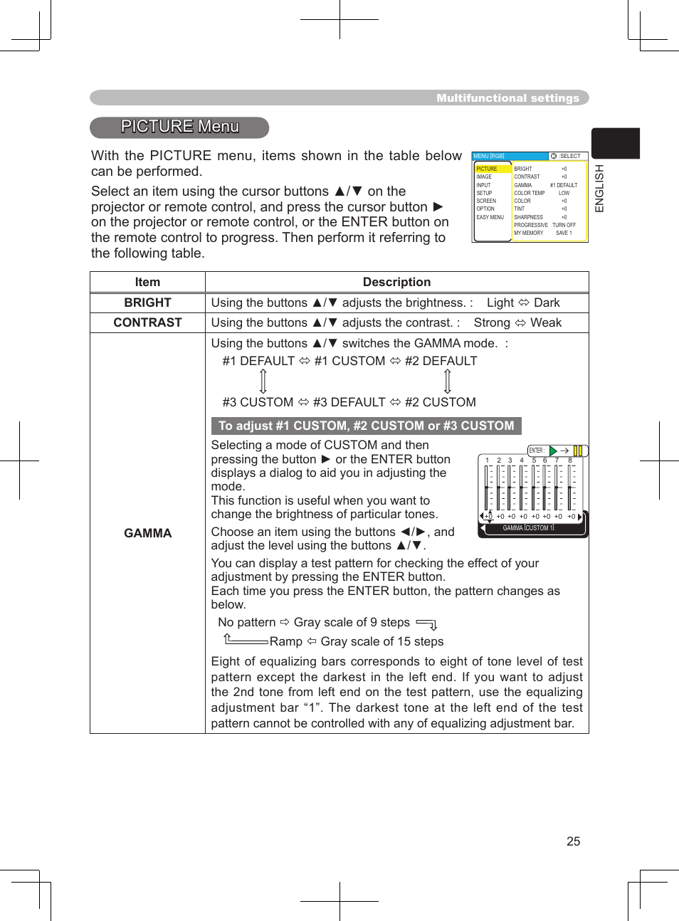 Bright, contrast, gamma, color temp, Color, tint, sharpness, progressive, My memory | Image men, Picture menu | Dukane 8063 User Manual | Page 37 / 78