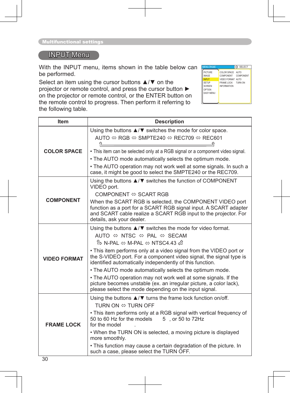 Menu, Color space, component, video format, Frame lock, information | Setup, Input menu | Dukane 8063 User Manual | Page 42 / 78