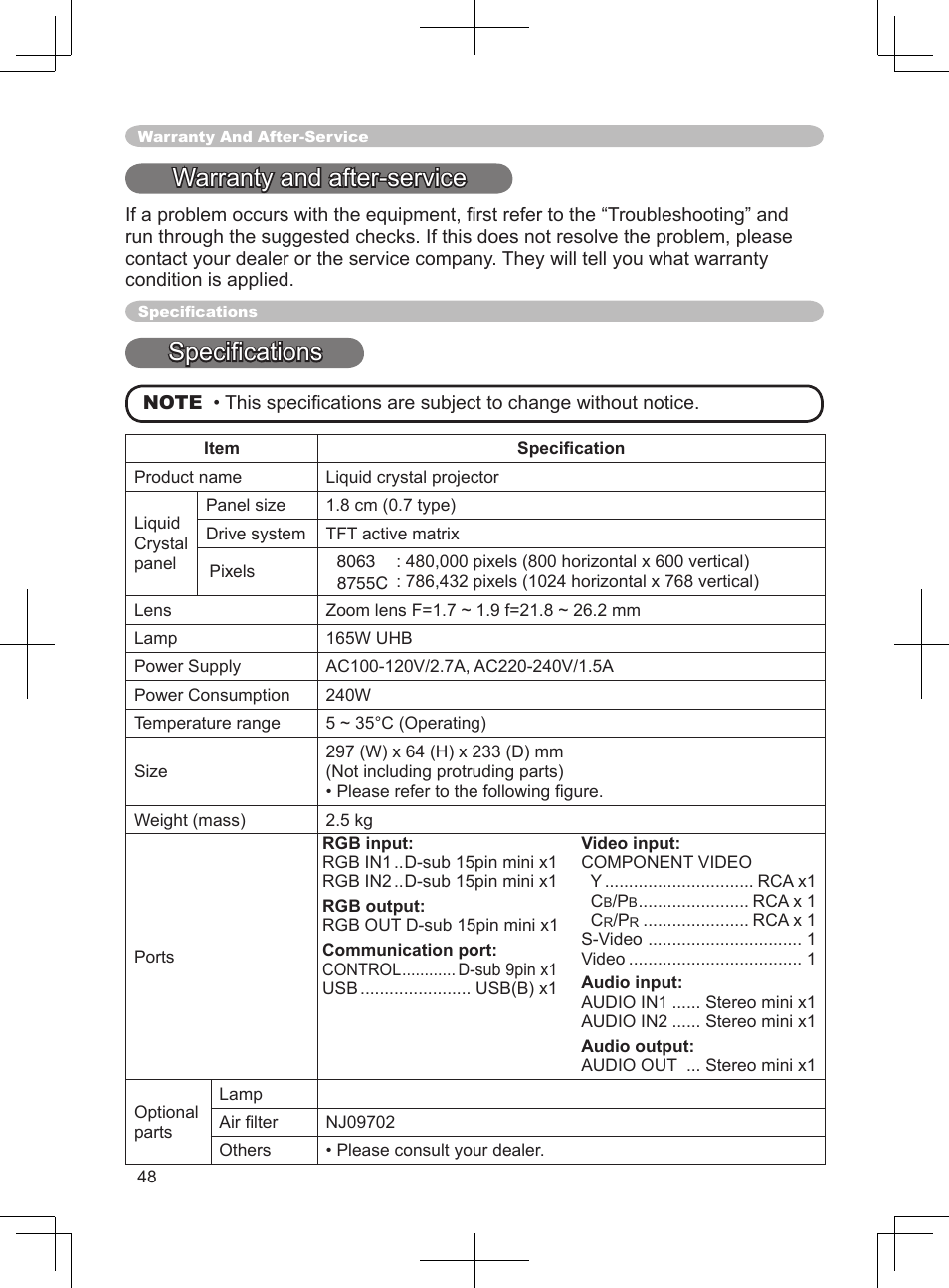 Warranty and after-service, Speciﬁcations | Dukane 8063 User Manual | Page 60 / 78