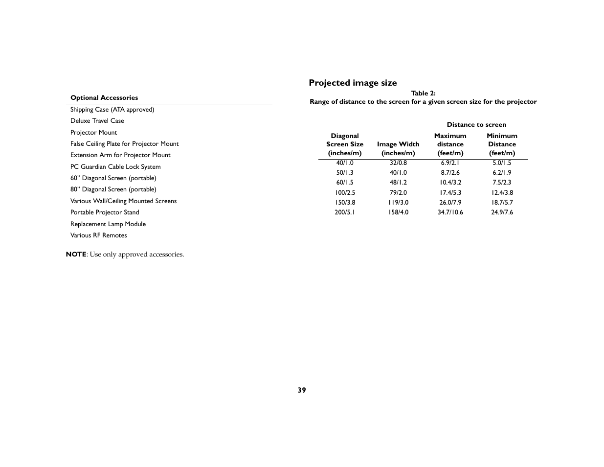 Projected image size | Dukane 28A8757 User Manual | Page 41 / 46