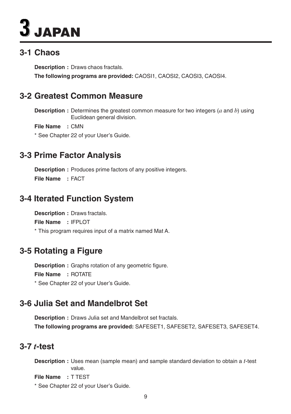 Japan, 1 chaos, 2 greatest common measure | 3 prime factor analysis, 4 iterated function system, 5 rotating a figure, 6 julia set and mandelbrot set, Test | Casio CFX-9850GB PLUS User Manual | Page 11 / 19