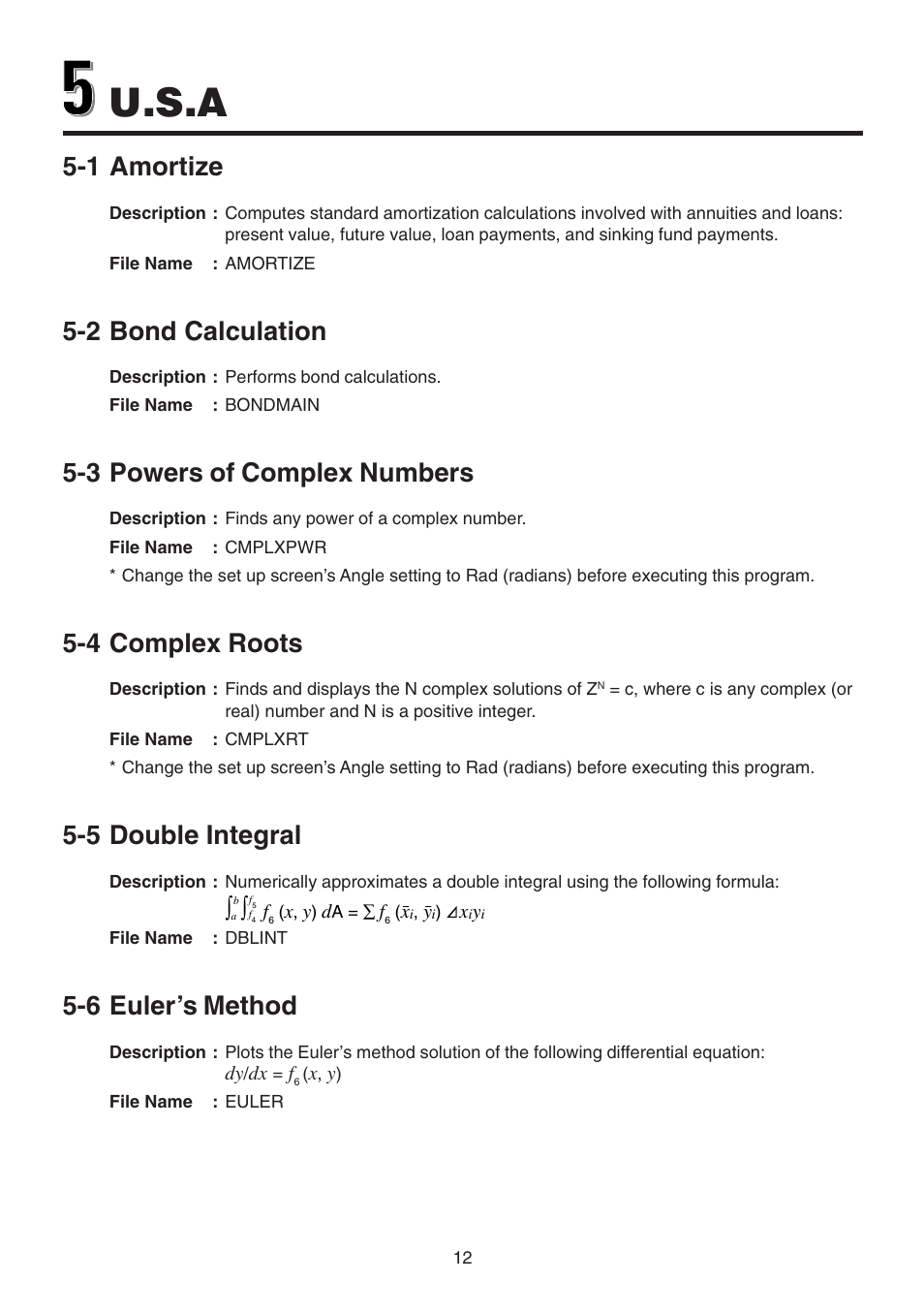 U.s.a, 1 amortize, 2 bond calculation | 3 powers of complex numbers, 4 complex roots, 5 double integral, 6 euler’s method | Casio CFX-9850GB PLUS User Manual | Page 14 / 19