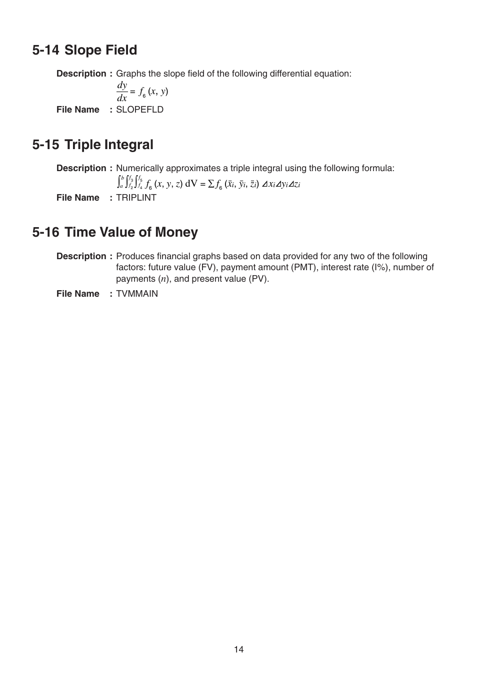 14 slope field, 15 triple integral, 16 time value of money | Casio CFX-9850GB PLUS User Manual | Page 16 / 19