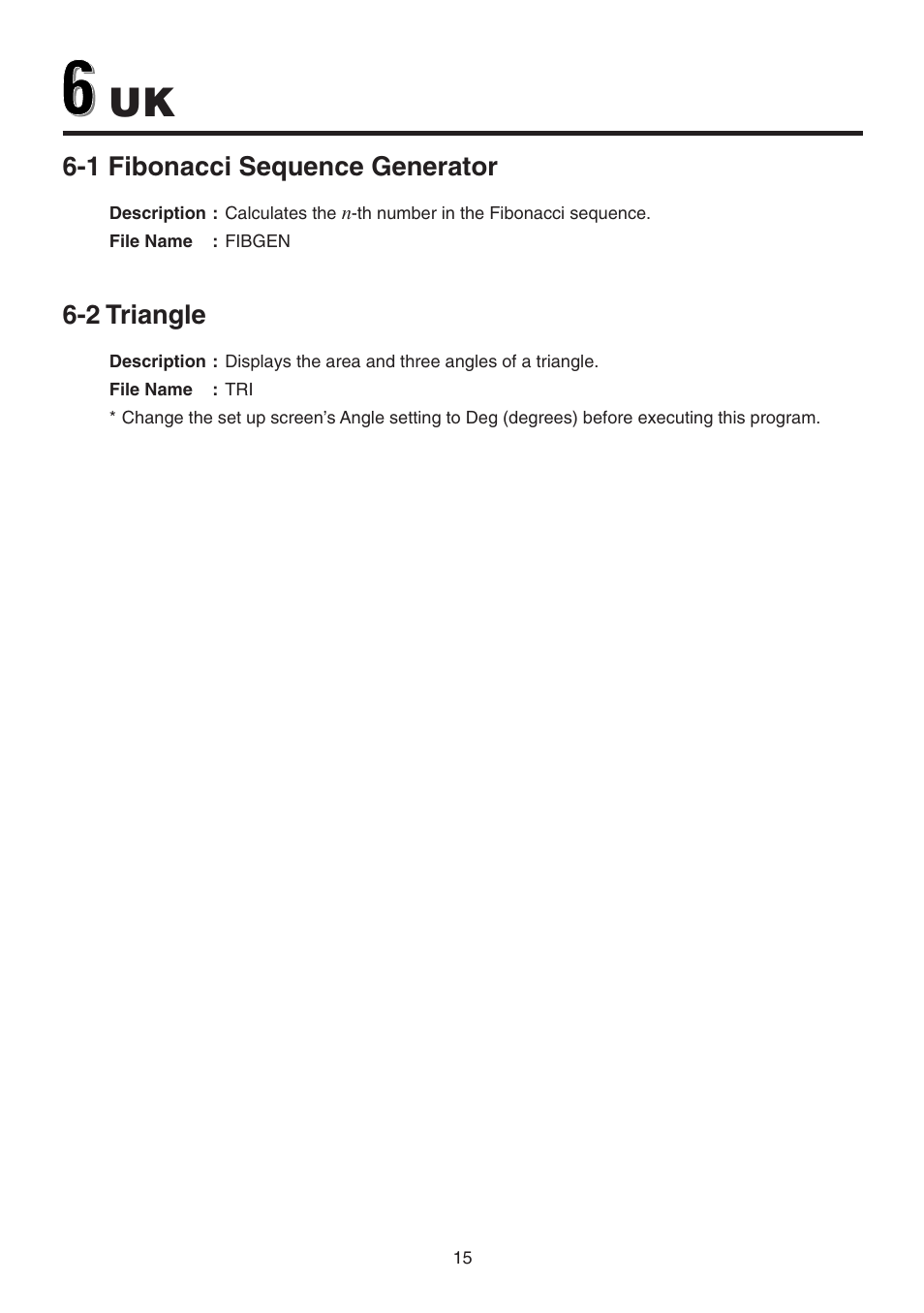 1 fibonacci sequence generator, 2 triangle | Casio CFX-9850GB PLUS User Manual | Page 17 / 19