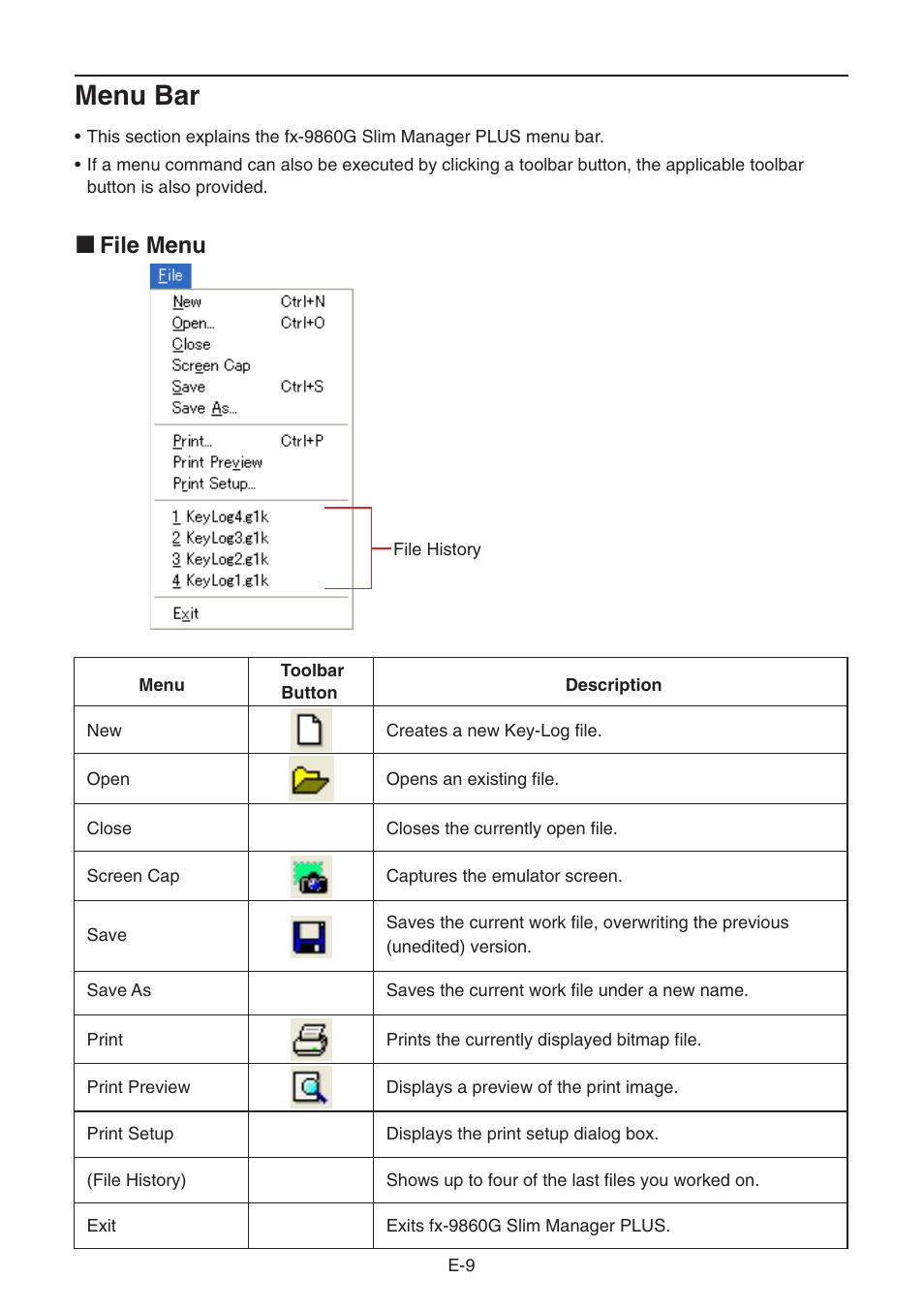 Menu bar, K file menu | Casio fx-9860G SLIM Manager PLUS User Manual | Page 11 / 51