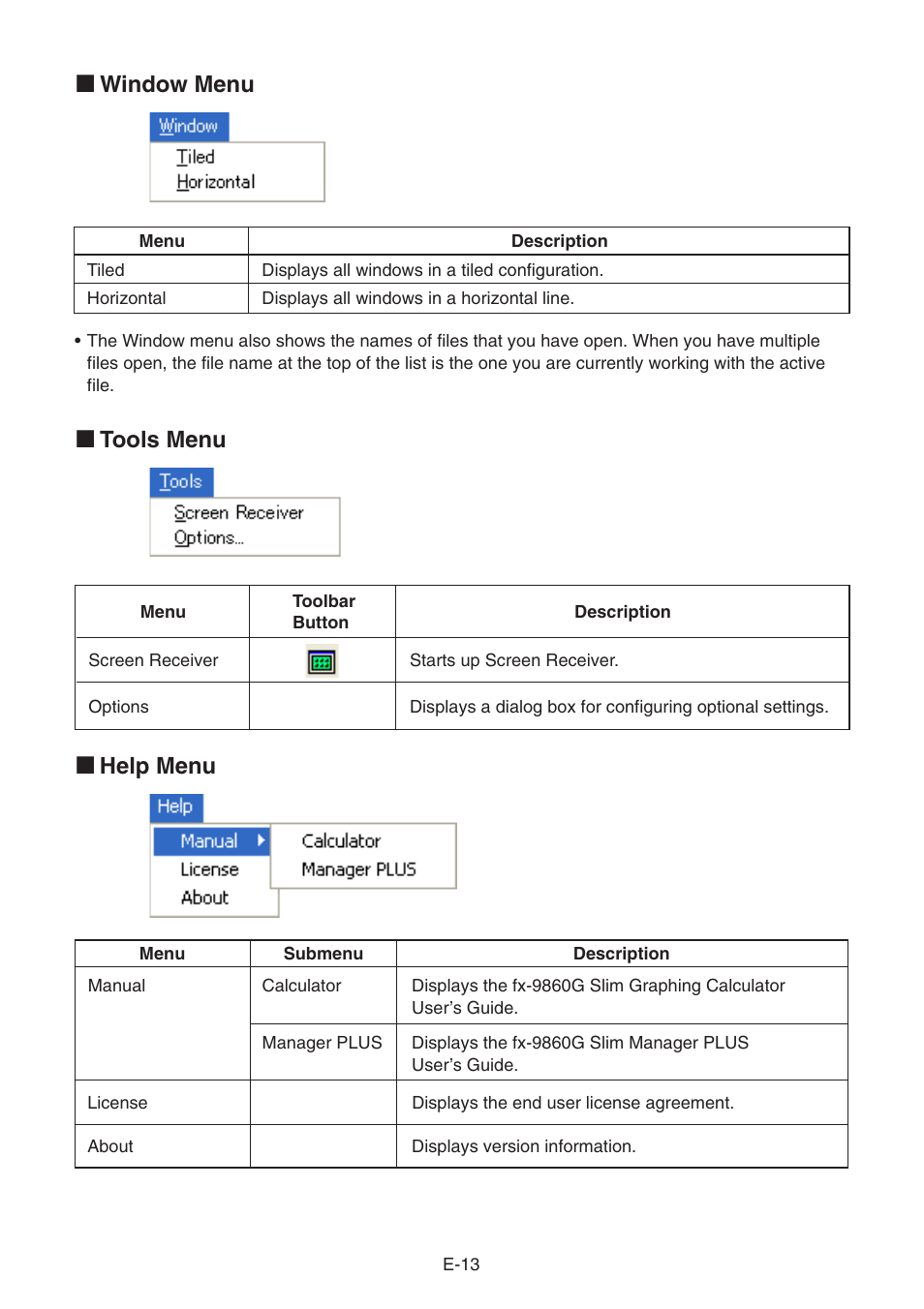 K window menu k tools menu k help menu | Casio fx-9860G SLIM Manager PLUS User Manual | Page 15 / 51