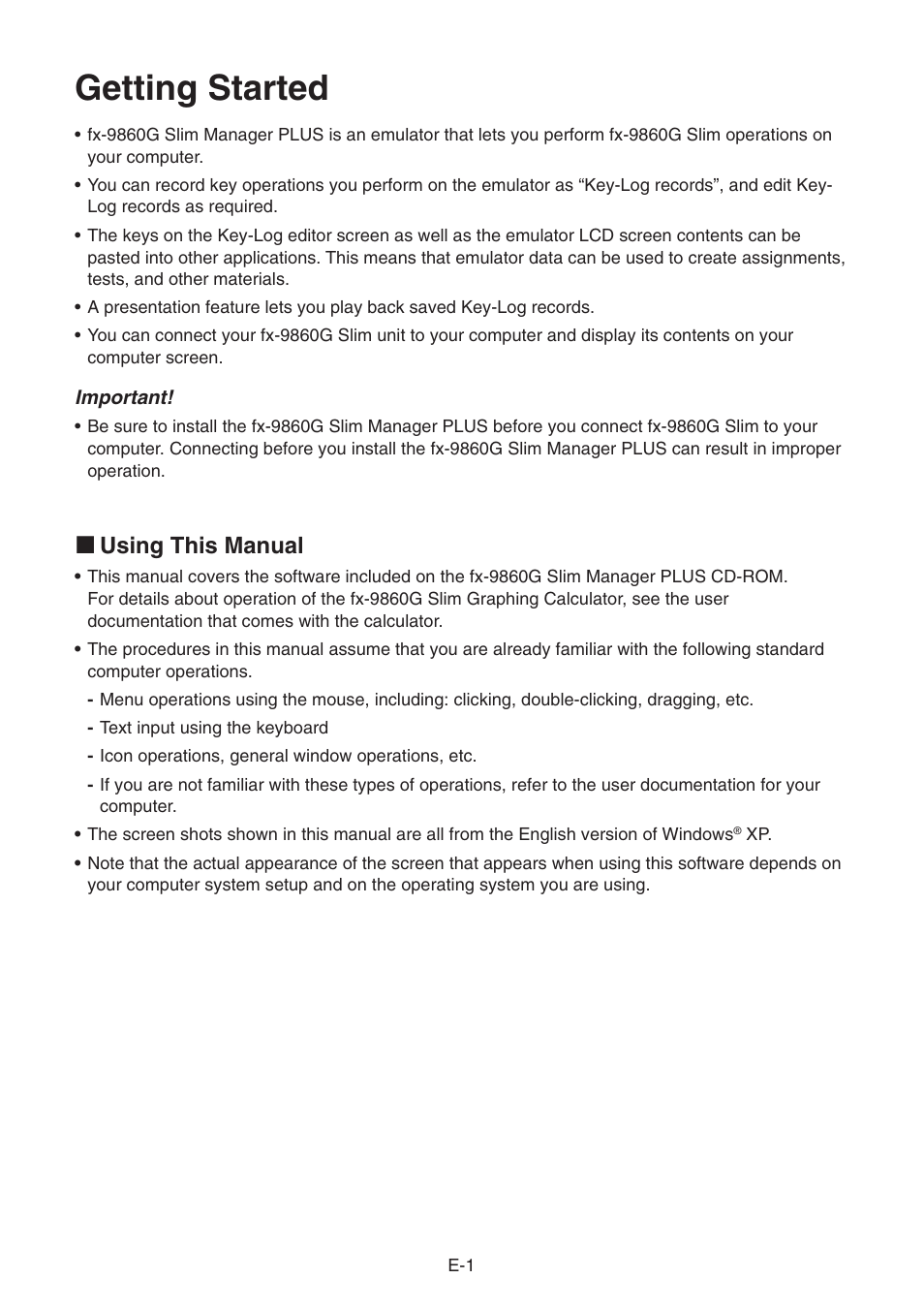 Getting started, K using this manual | Casio fx-9860G SLIM Manager PLUS User Manual | Page 3 / 51