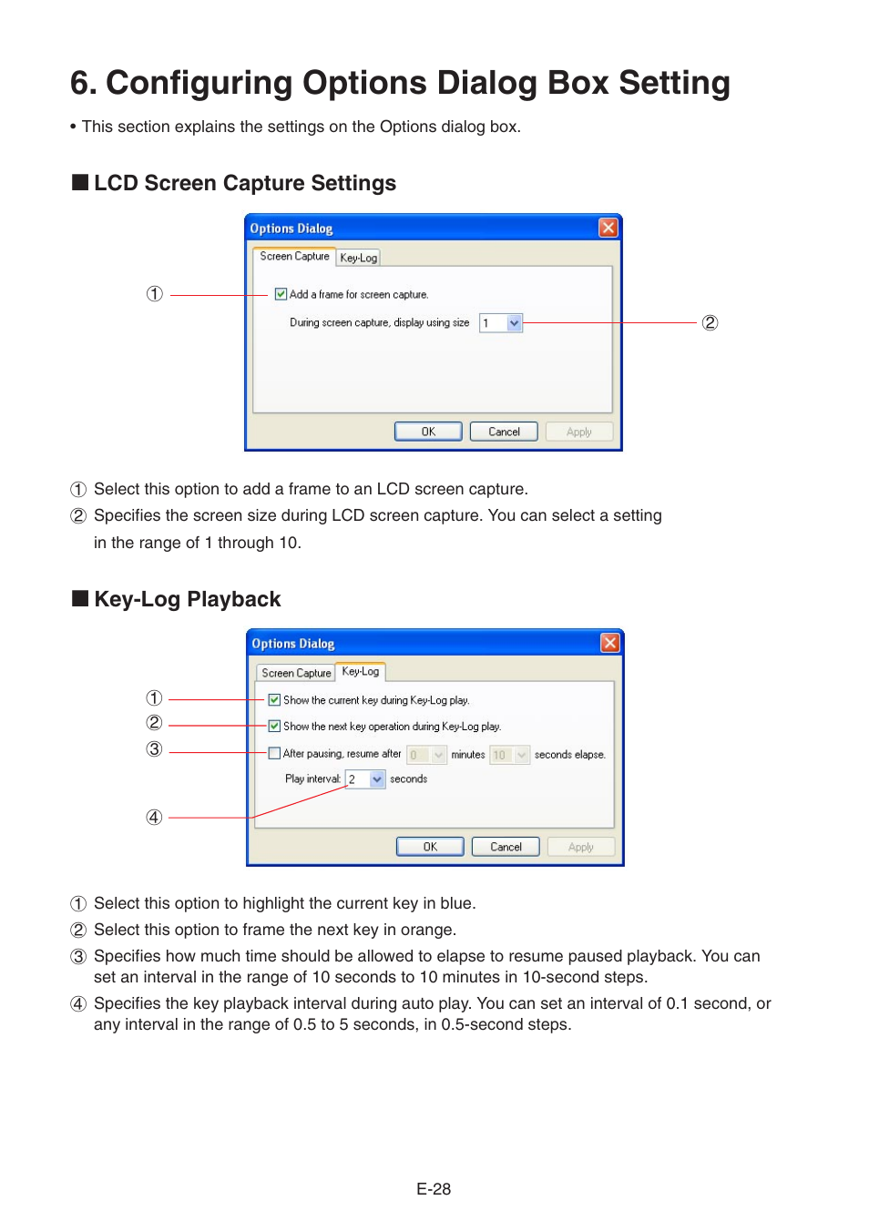 Configuring options dialog box setting, K lcd screen capture settings, K key-log playback | Casio fx-9860G SLIM Manager PLUS User Manual | Page 30 / 51