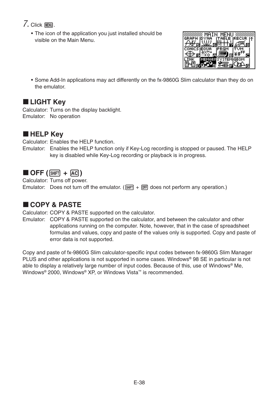 K light key, K help key, K off ( ! + a ) | K copy & paste | Casio fx-9860G SLIM Manager PLUS User Manual | Page 40 / 51