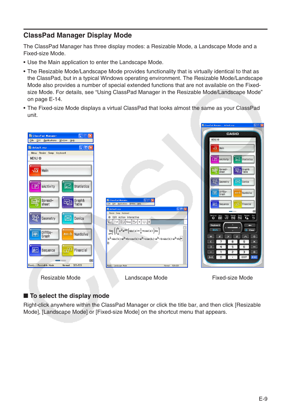 Classpad manager display mode | Casio ClassPad Manger for ClassPad II Series User Manual | Page 10 / 31