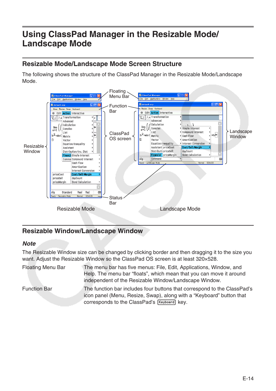 Resizable mode/landscape mode screen structure, Resizable window/landscape window | Casio ClassPad Manger for ClassPad II Series User Manual | Page 15 / 31