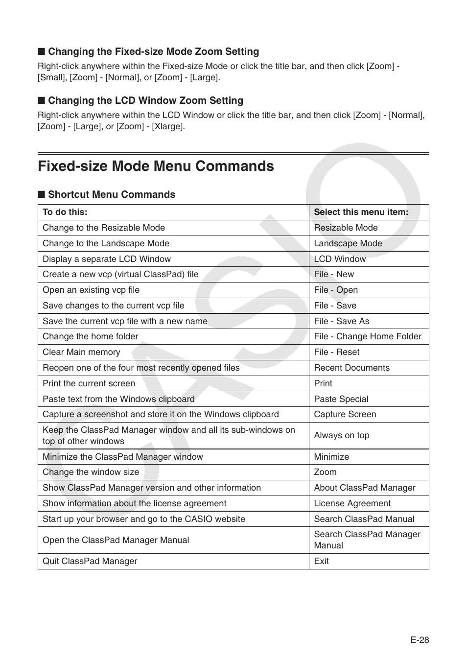 Fixed-size mode menu commands | Casio ClassPad Manger for ClassPad II Series User Manual | Page 29 / 31