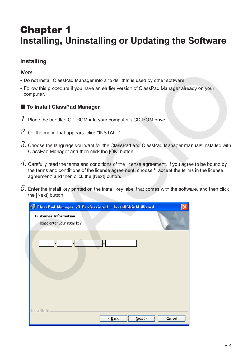 Chapter 1, Installing, uninstalling or updating the software | Casio ClassPad Manger for ClassPad II Series User Manual | Page 5 / 31