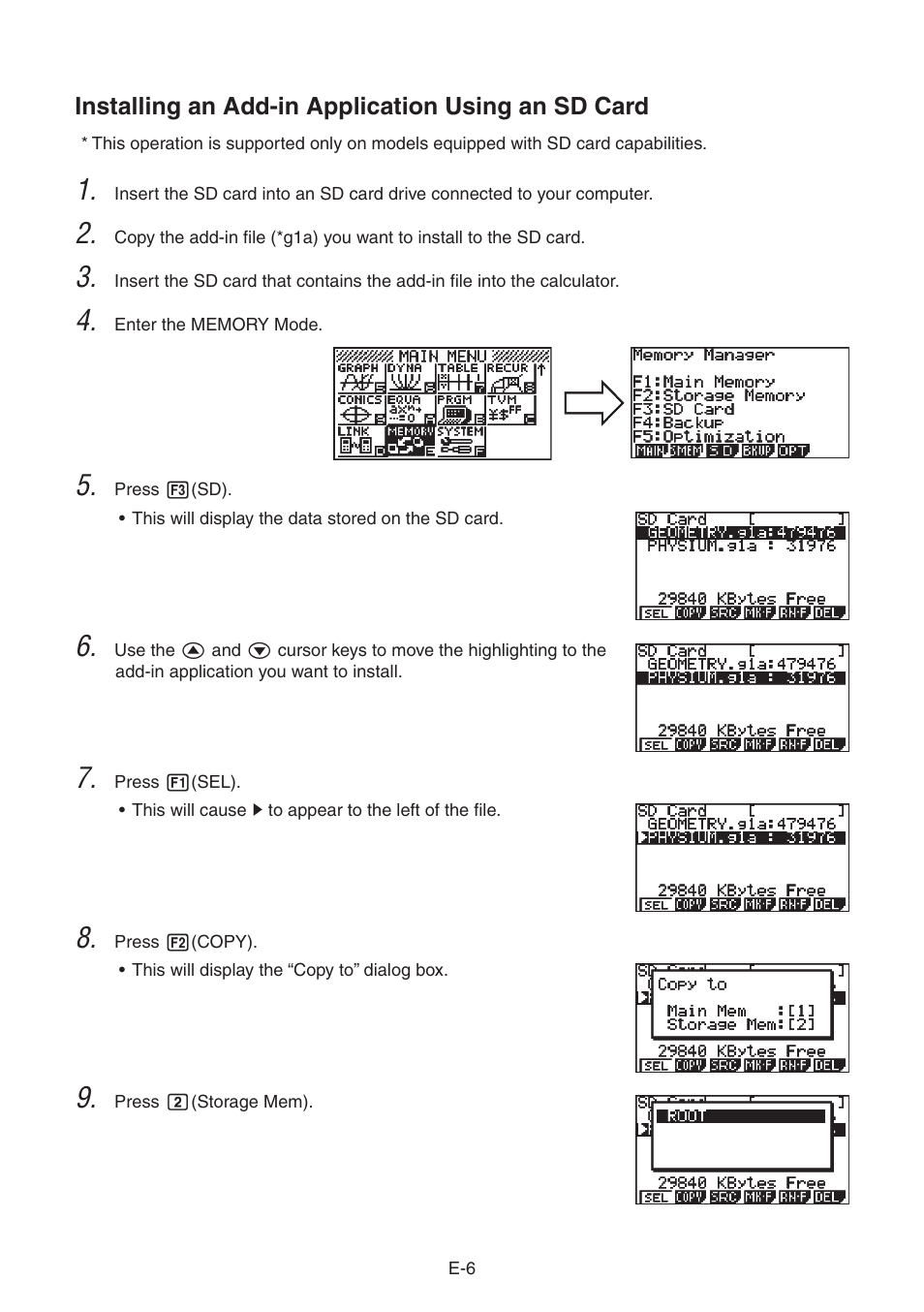 Installing an add-in application using an sd card | Casio FX-9860G User Manual | Page 7 / 9