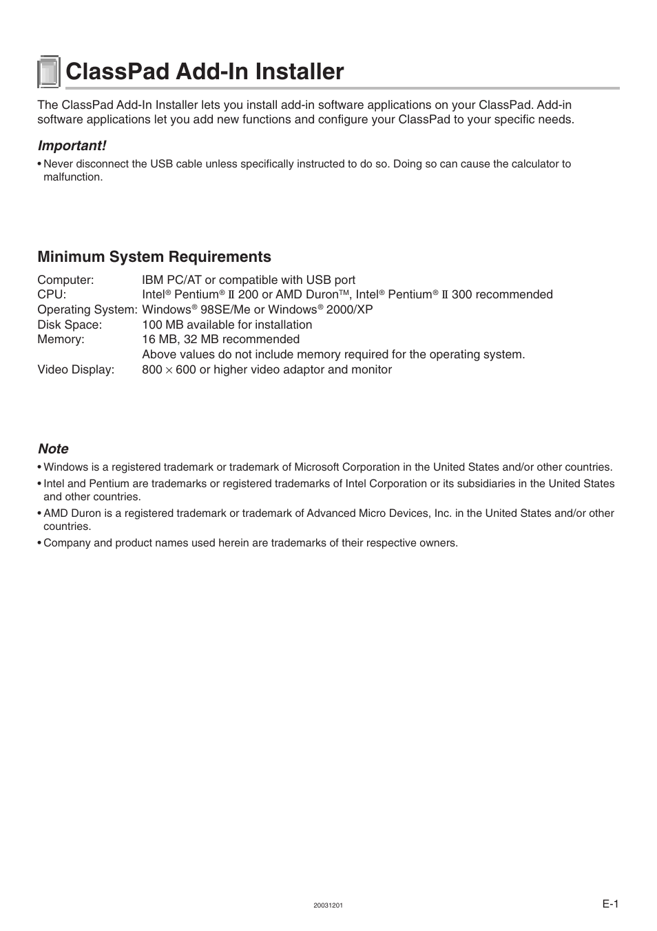 Classpad add-in installer, Minimum system requirements, Important | Casio ClassPad 300 User Manual | Page 2 / 18