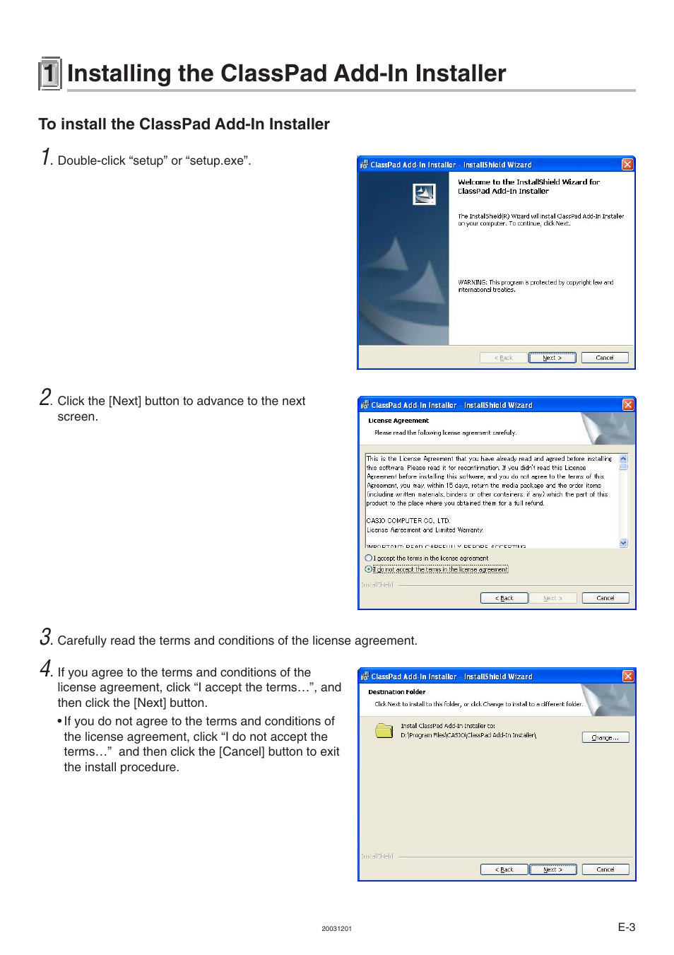 1 installing the classpad add-in installer, To install the classpad add-in installer | Casio ClassPad 300 User Manual | Page 4 / 18