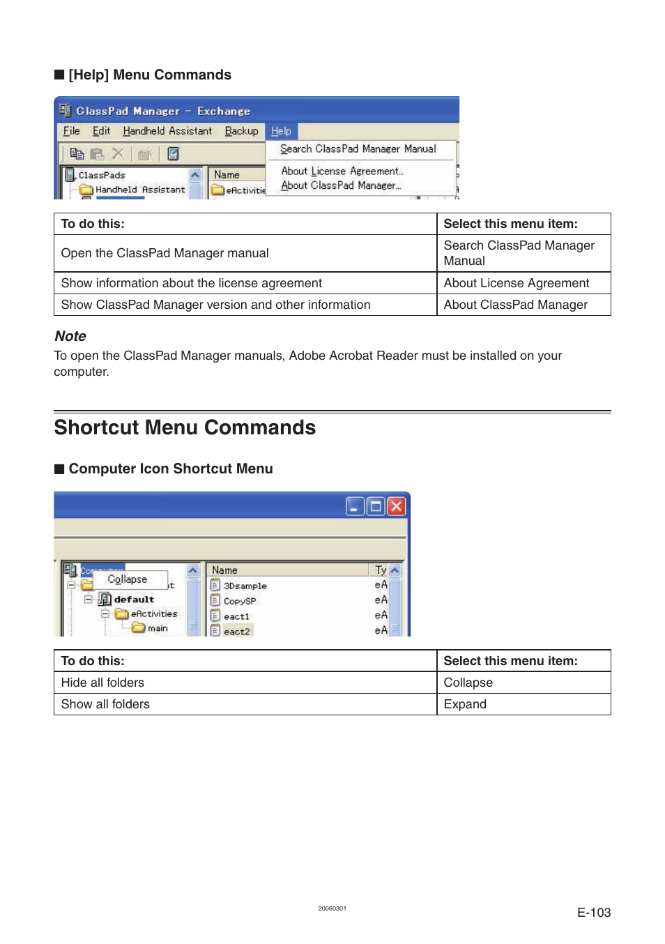 Shortcut menu commands | Casio ClassPad Manager Version 3.0 User Manual | Page 105 / 113