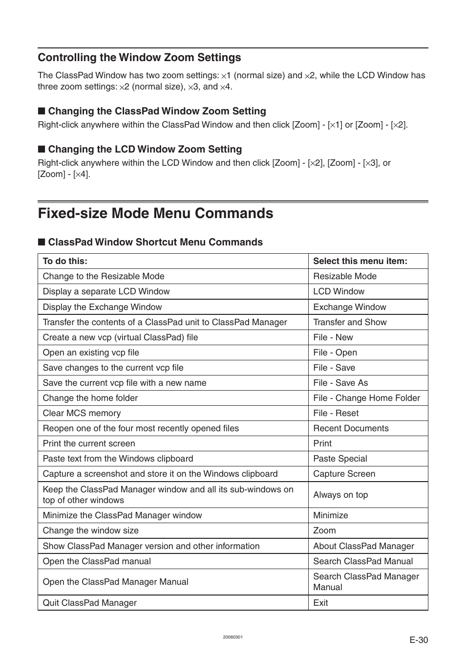 Fixed-size mode menu commands, Controlling the window zoom settings | Casio ClassPad Manager Version 3.0 User Manual | Page 32 / 113