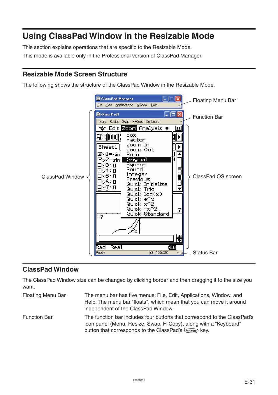 Using classpad window in the resizable mode, Resizable mode screen structure, Classpad window | Casio ClassPad Manager Version 3.0 User Manual | Page 33 / 113