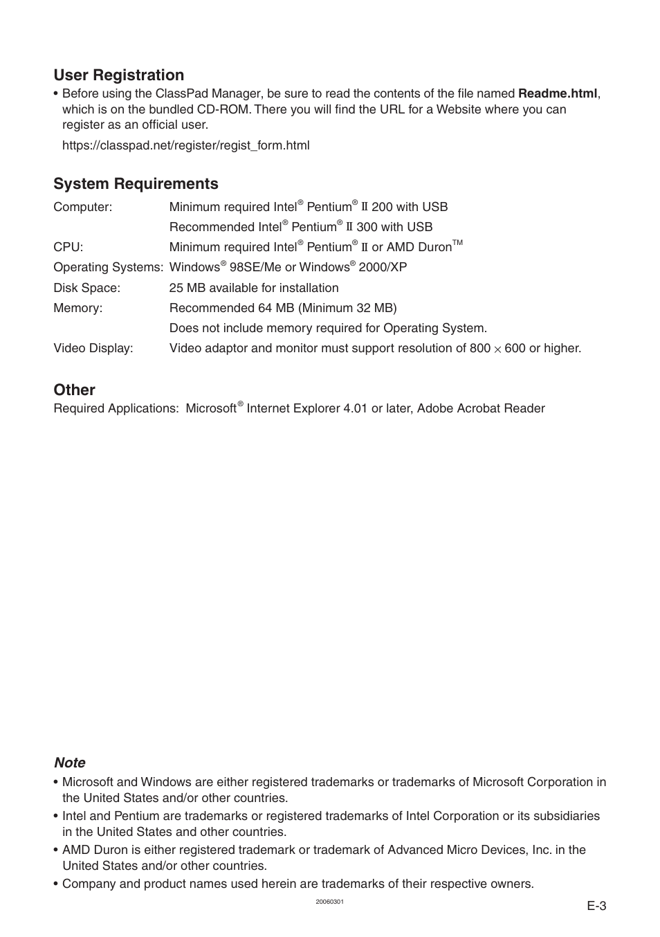 System requirements, Other, User registration | Casio ClassPad Manager Version 3.0 User Manual | Page 5 / 113