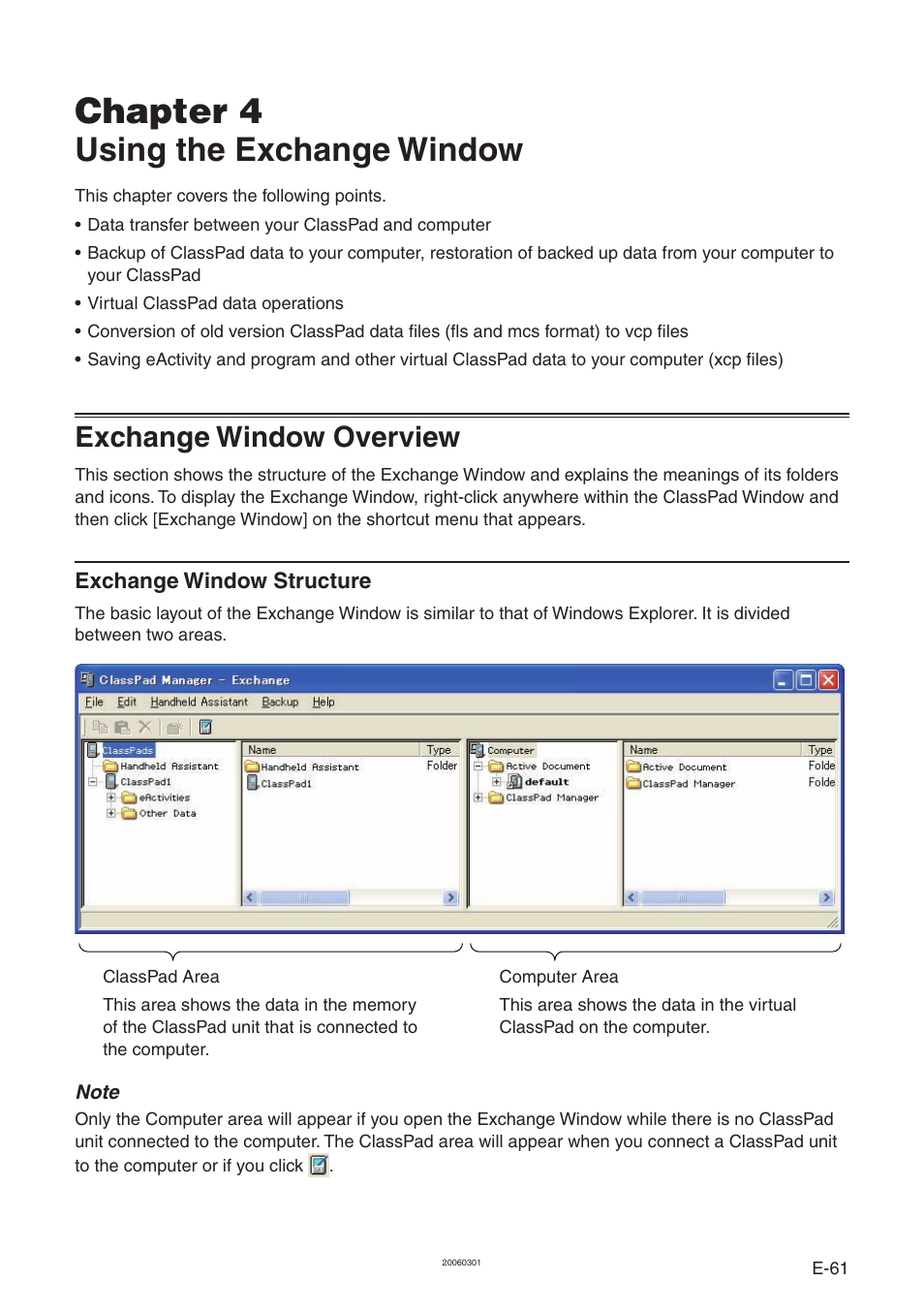 Chapter 4 using the exchange window, Exchange window overview, Chapter 4 | Using the exchange window | Casio ClassPad Manager Version 3.0 User Manual | Page 63 / 113