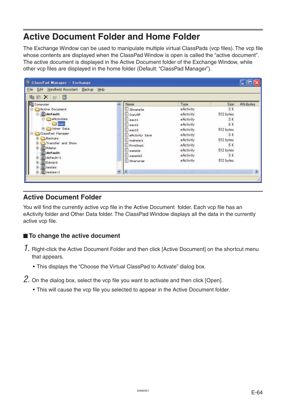 Active document folder and home folder | Casio ClassPad Manager Version 3.0 User Manual | Page 66 / 113