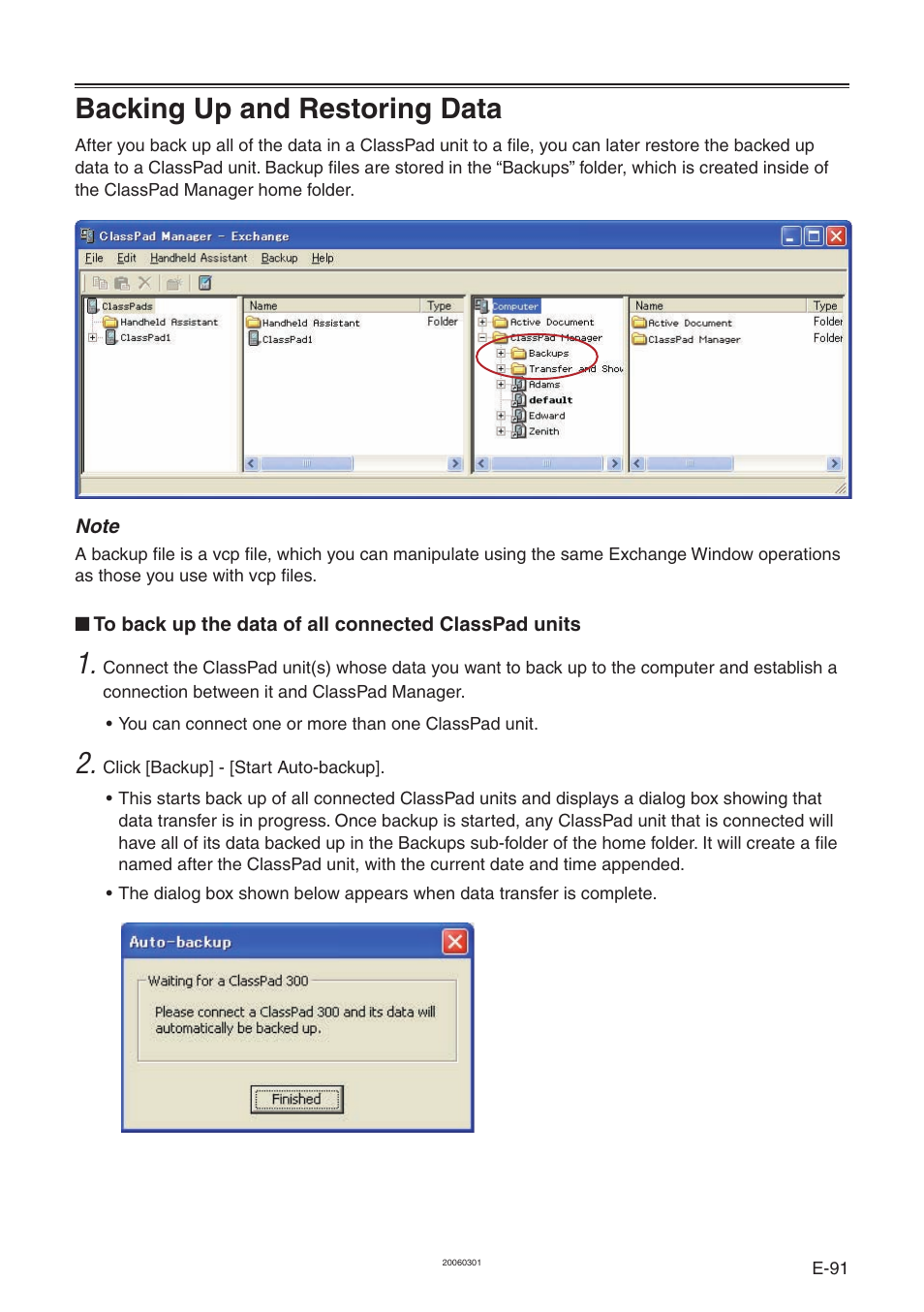 Backing up and restoring data | Casio ClassPad Manager Version 3.0 User Manual | Page 93 / 113