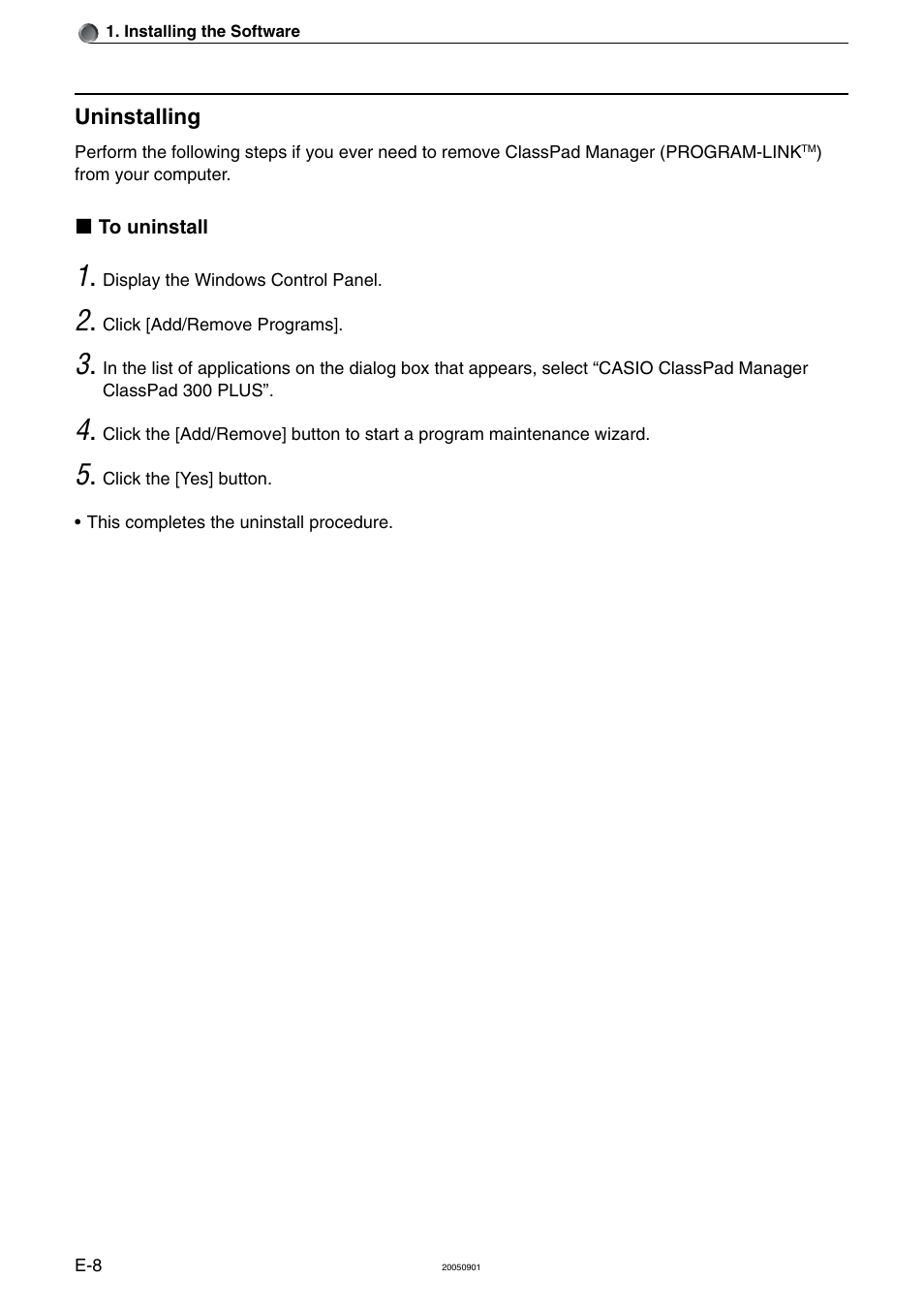 Uninstalling | Casio ClassPad Manager Version 2.2 User Manual | Page 10 / 59