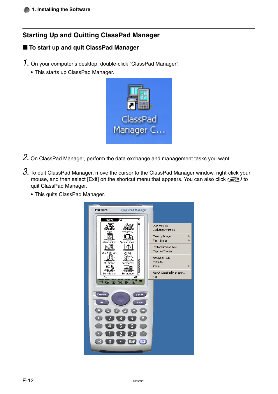 Starting up and quitting classpad manager | Casio ClassPad Manager Version 2.2 User Manual | Page 14 / 59