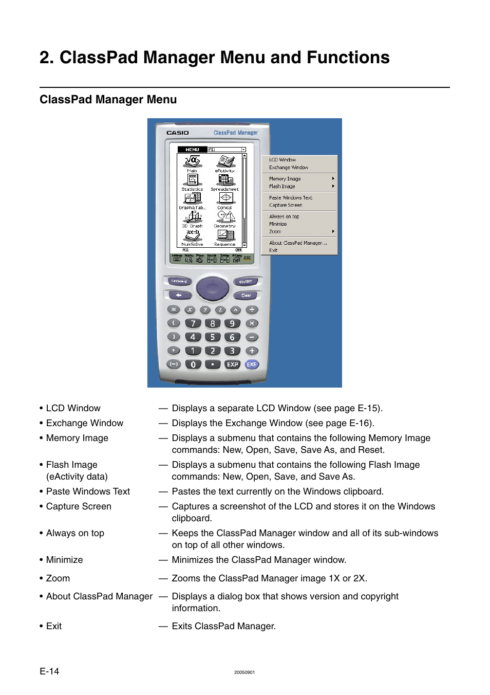 Classpad manager menu and functions, Classpad manager menu | Casio ClassPad Manager Version 2.2 User Manual | Page 16 / 59
