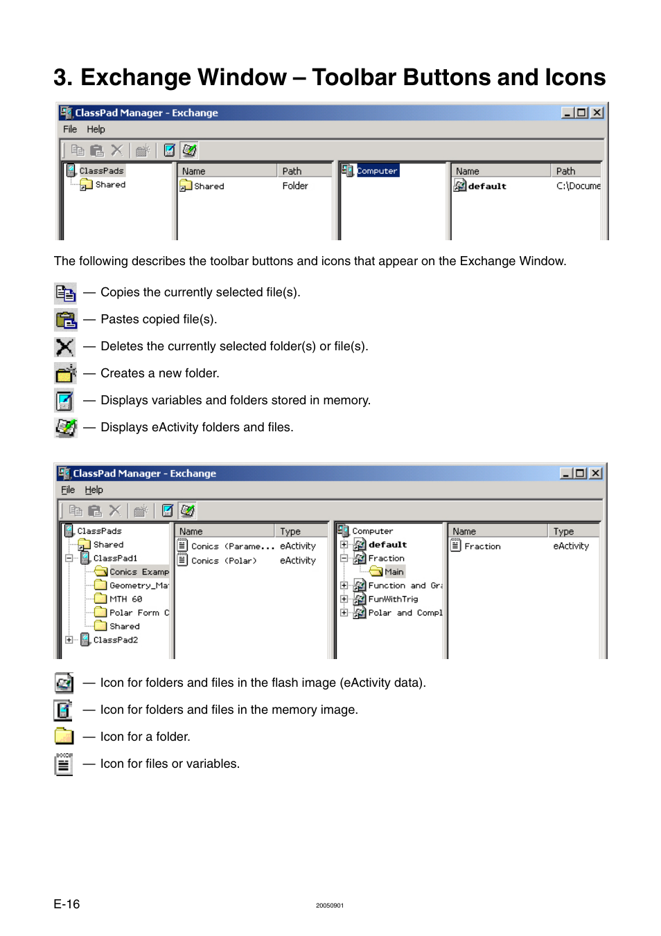 Exchange window – toolbar buttons and icons | Casio ClassPad Manager Version 2.2 User Manual | Page 18 / 59