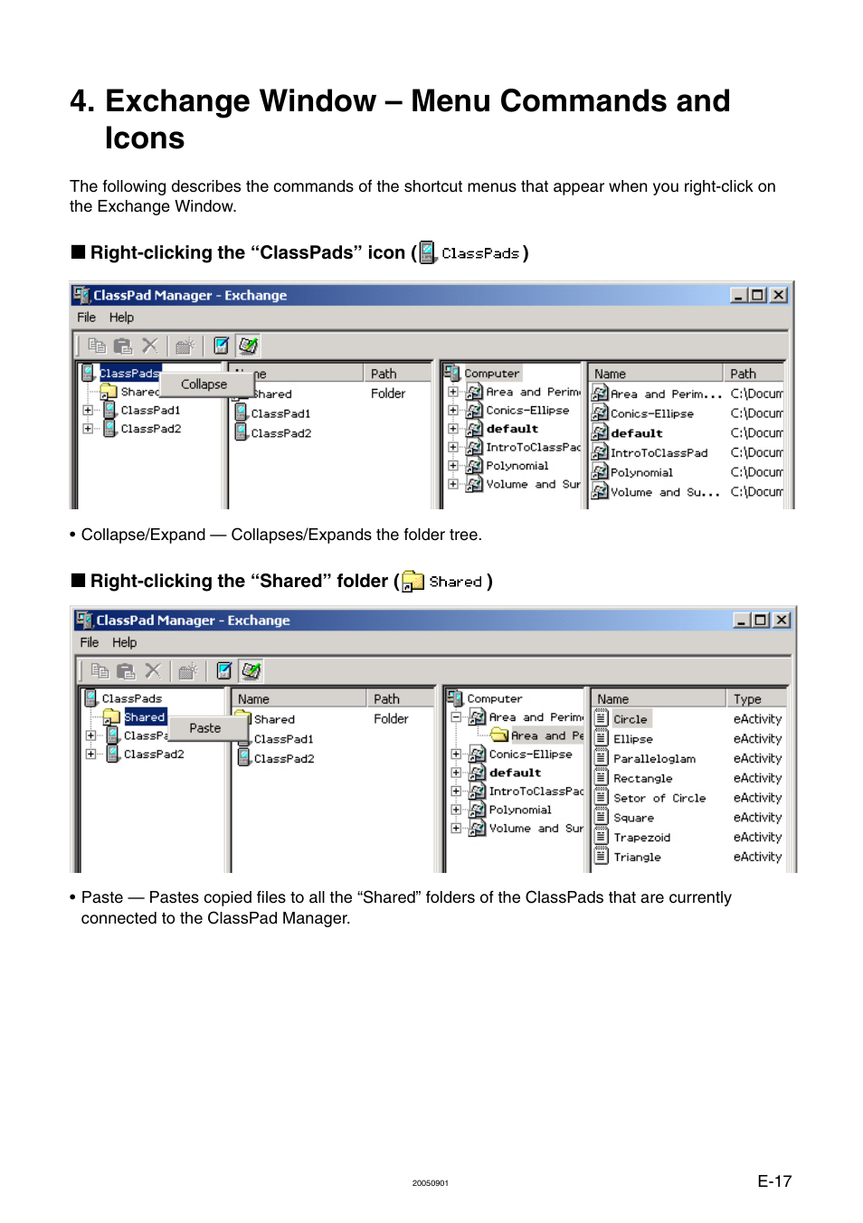 Exchange window – menu commands and icons | Casio ClassPad Manager Version 2.2 User Manual | Page 19 / 59