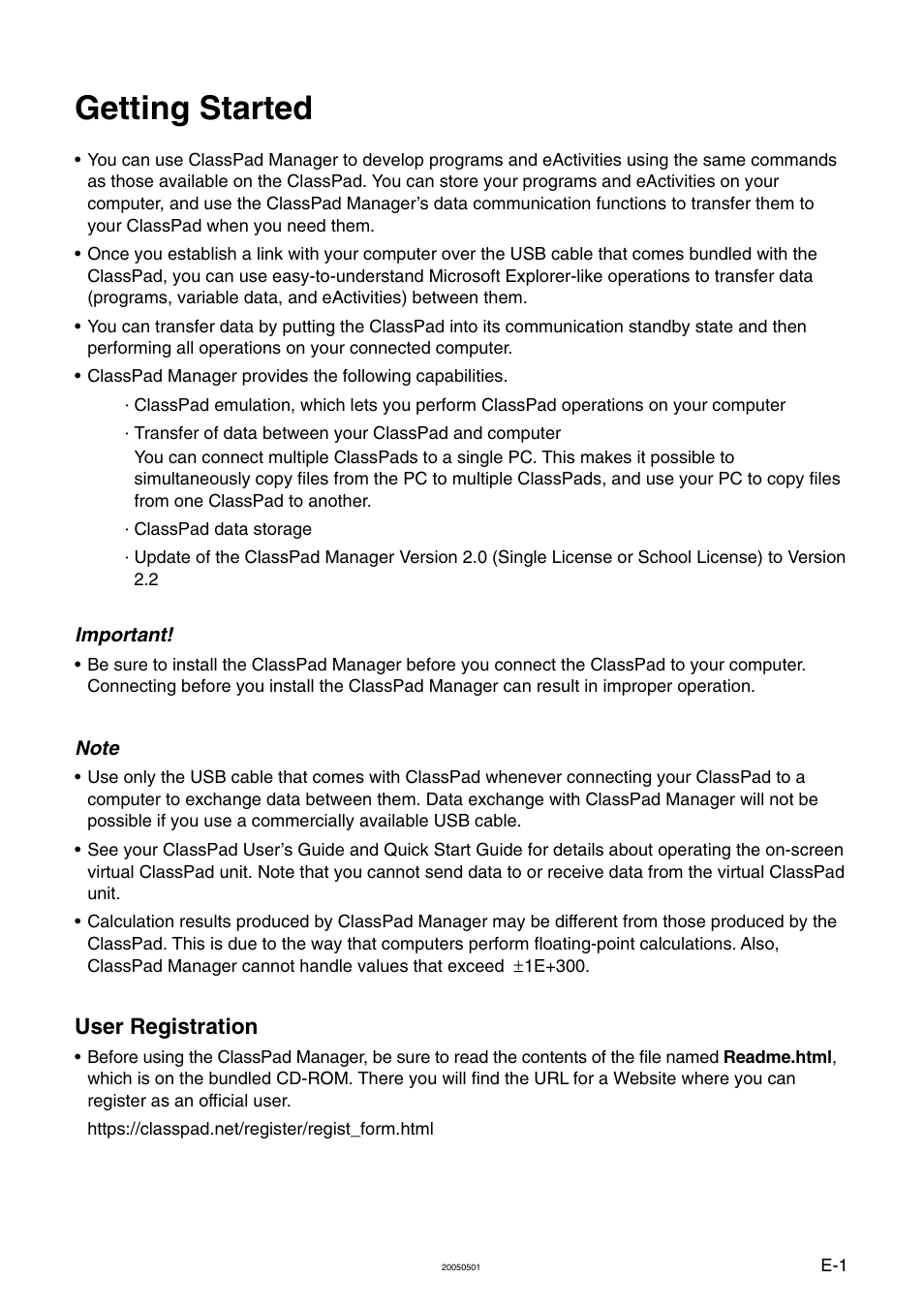 Getting started, User registration | Casio ClassPad Manager Version 2.2 User Manual | Page 3 / 59