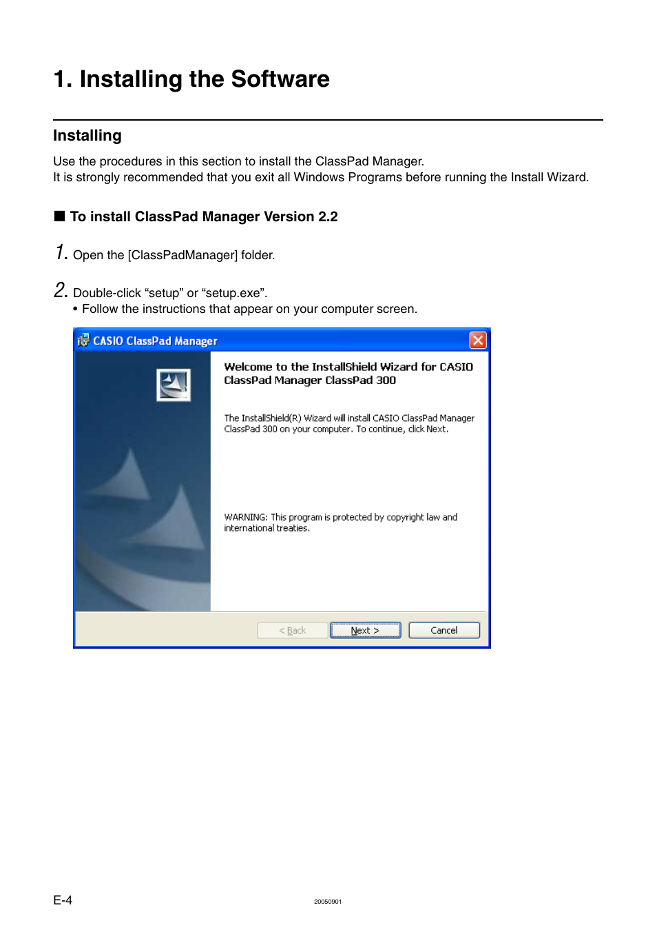 Installing the software, Installing | Casio ClassPad Manager Version 2.2 User Manual | Page 6 / 59