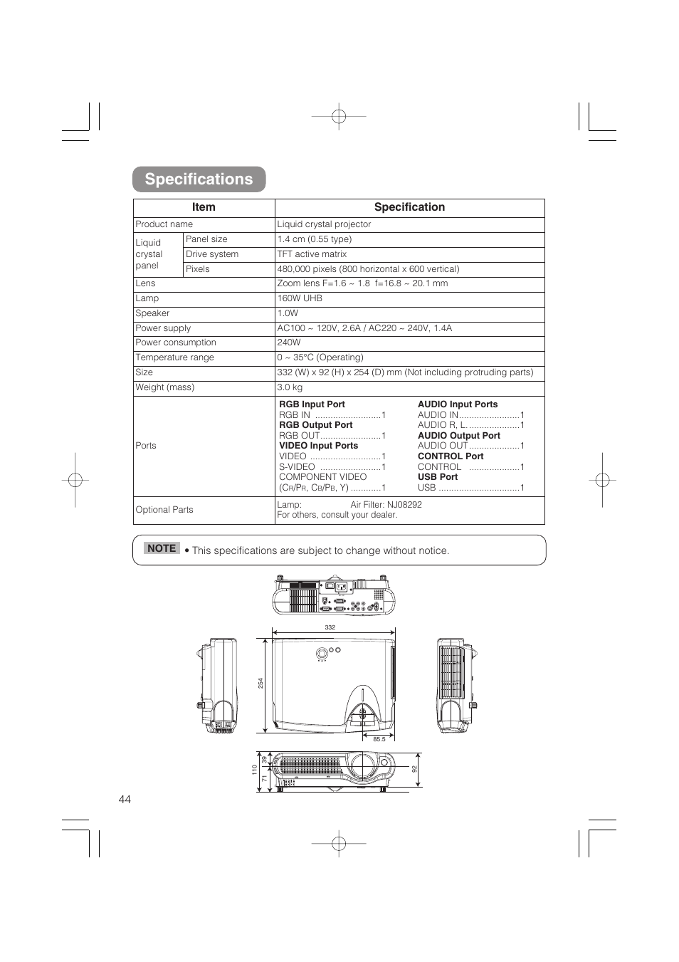 Specifications, Item specification | Dukane 8055 User Manual | Page 46 / 70