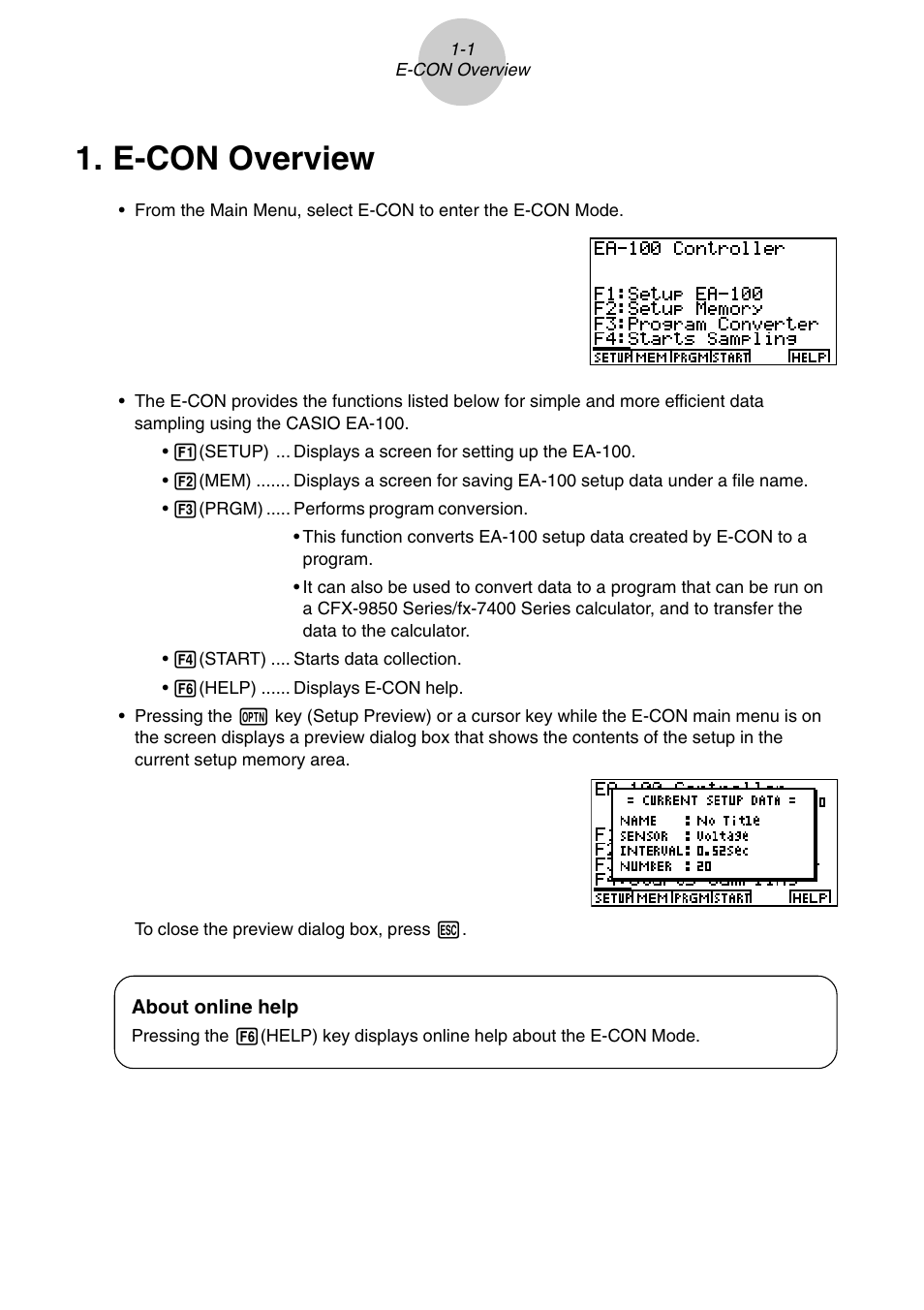E-con overview | Casio E-CON Version 1.20 User Manual | Page 2 / 25
