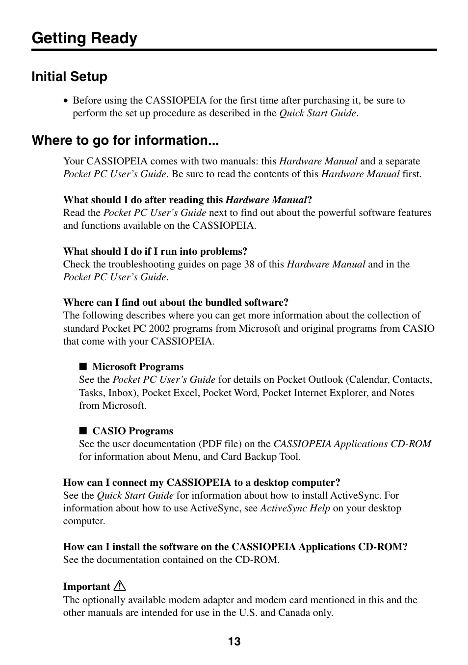 Getting ready, Initial setup, Where to go for information | Initial setup where to go for information | Casio E-200 User Manual | Page 13 / 48