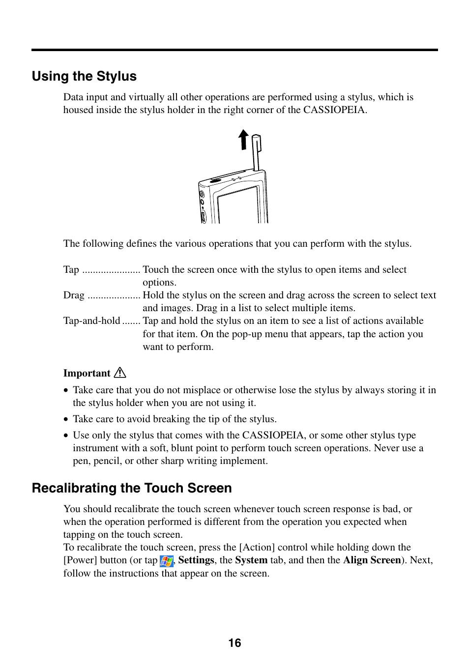 Using the stylus, Recalibrating the touch screen | Casio E-200 User Manual | Page 16 / 48
