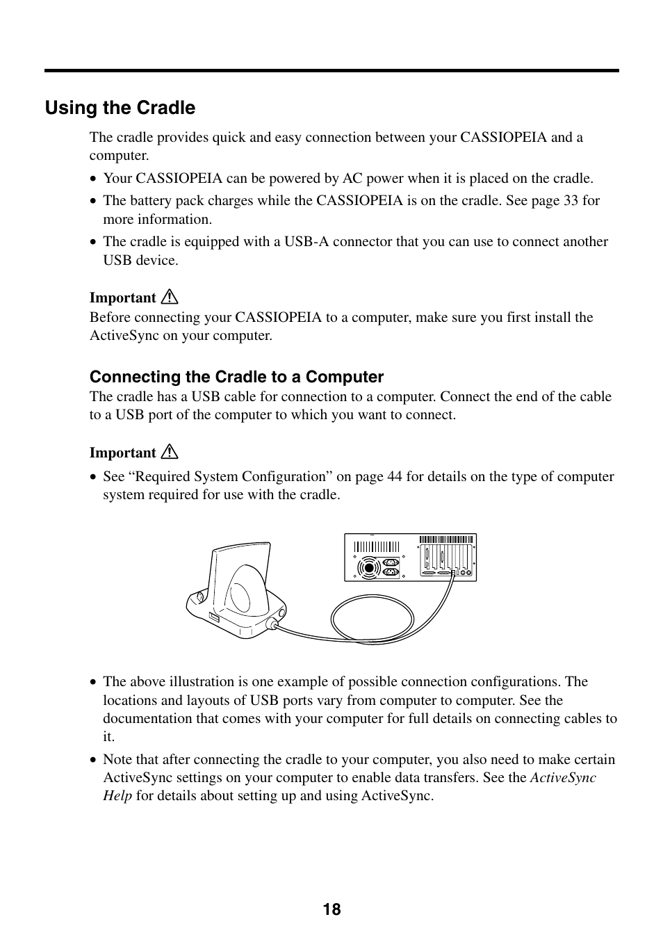 Using the cradle, Connecting the cradle to a computer | Casio E-200 User Manual | Page 18 / 48