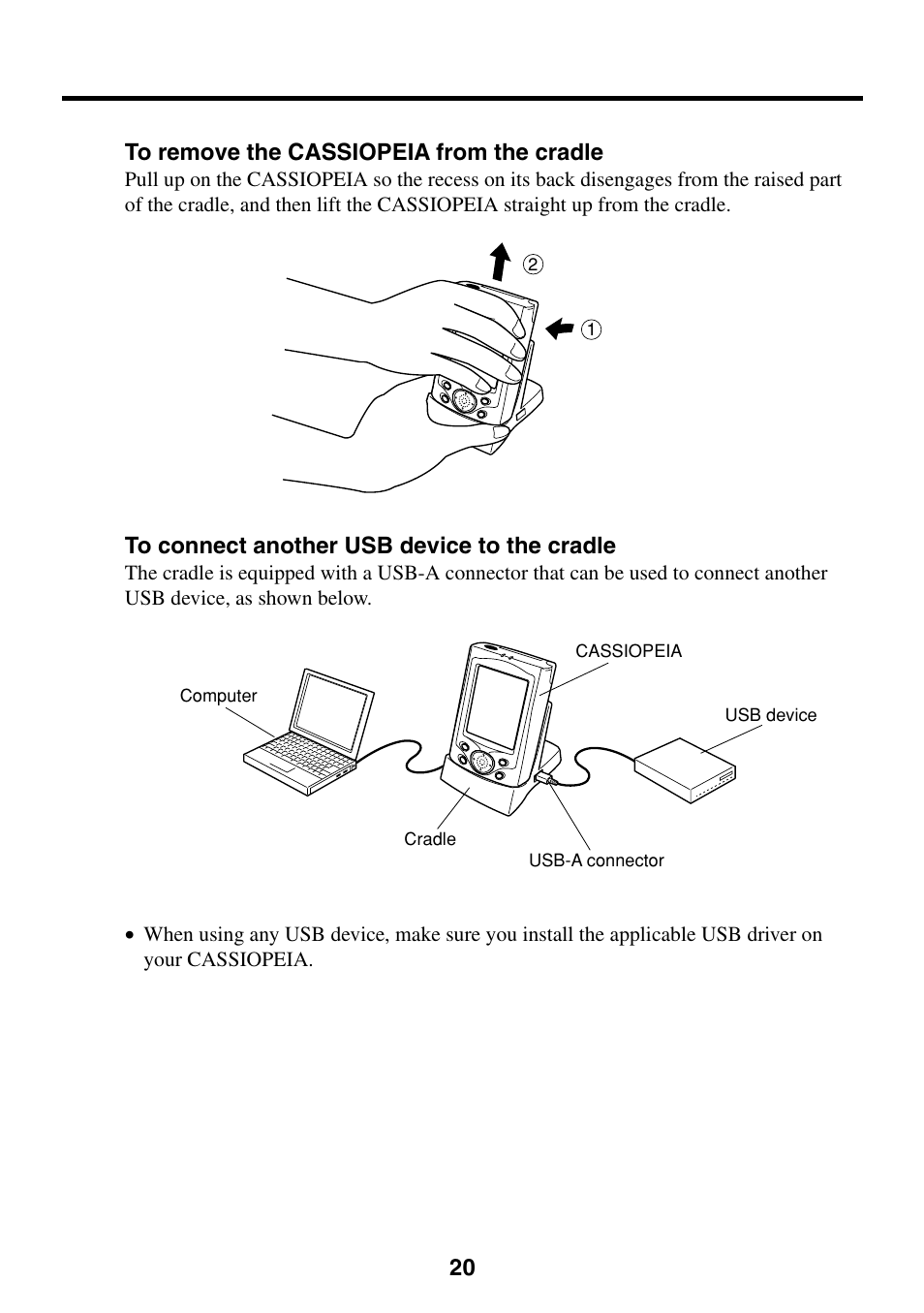 To remove the cassiopeia from the cradle, To connect another usb device to the cradle | Casio E-200 User Manual | Page 20 / 48