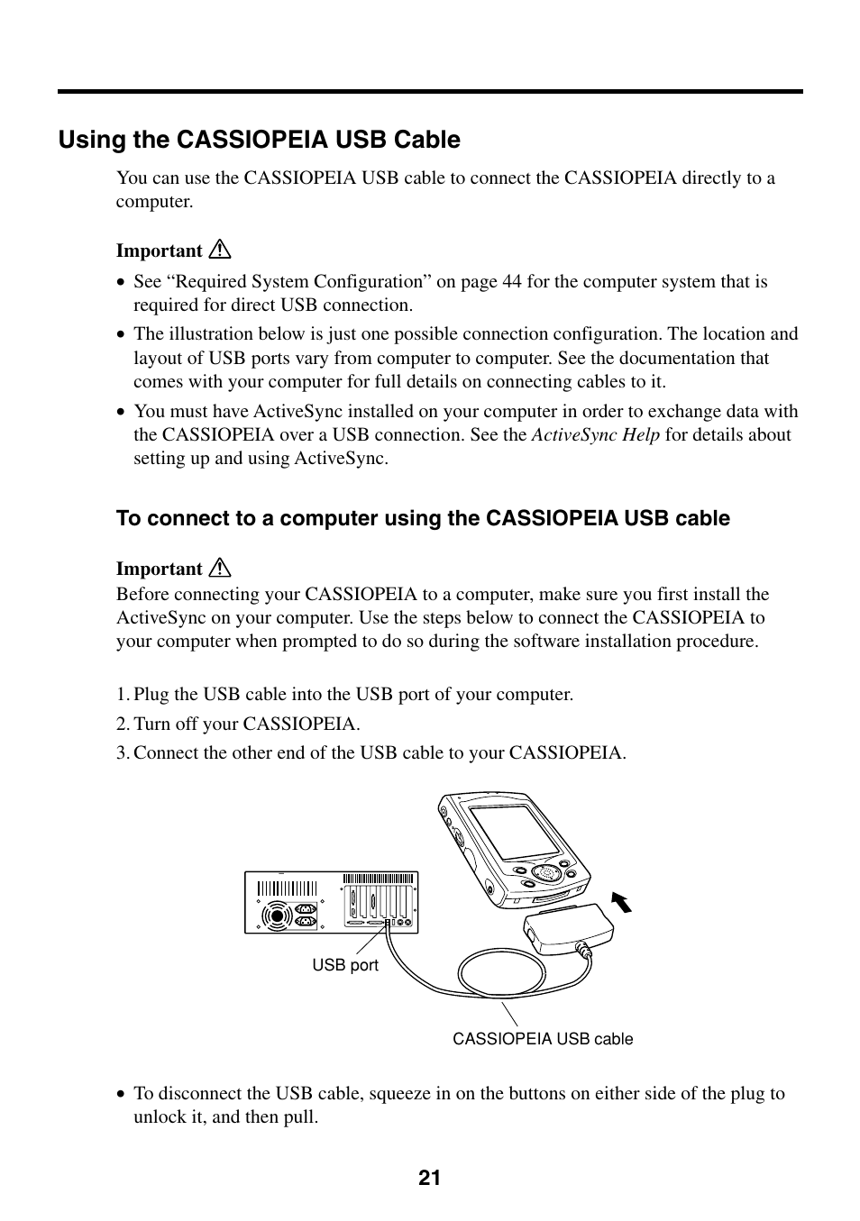 Using the cassiopeia usb cable | Casio E-200 User Manual | Page 21 / 48